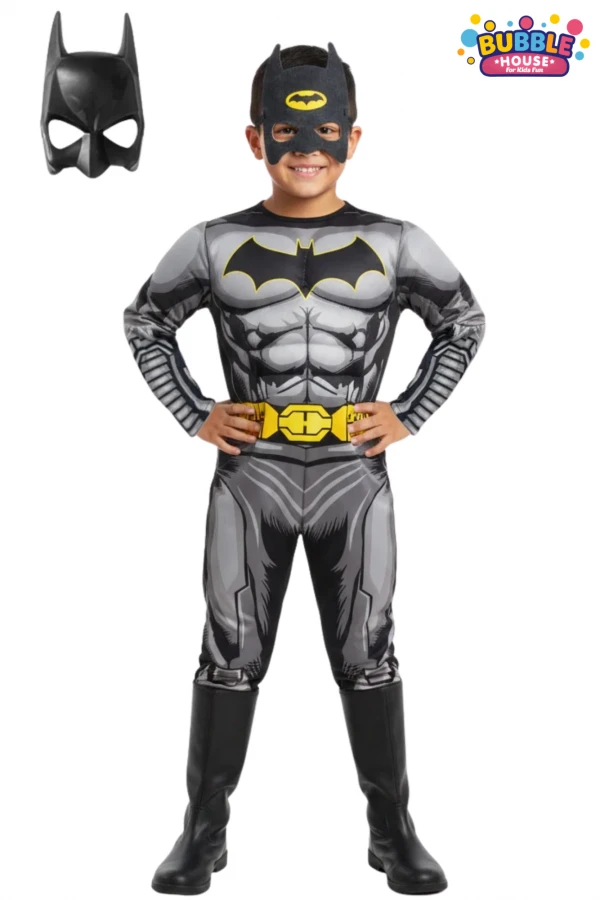 Batman Kaslı Çocuk Kostümü 2 Maskeli Siyah Pelerinli Maskeli Süper kahraman Kaslı Kostümü