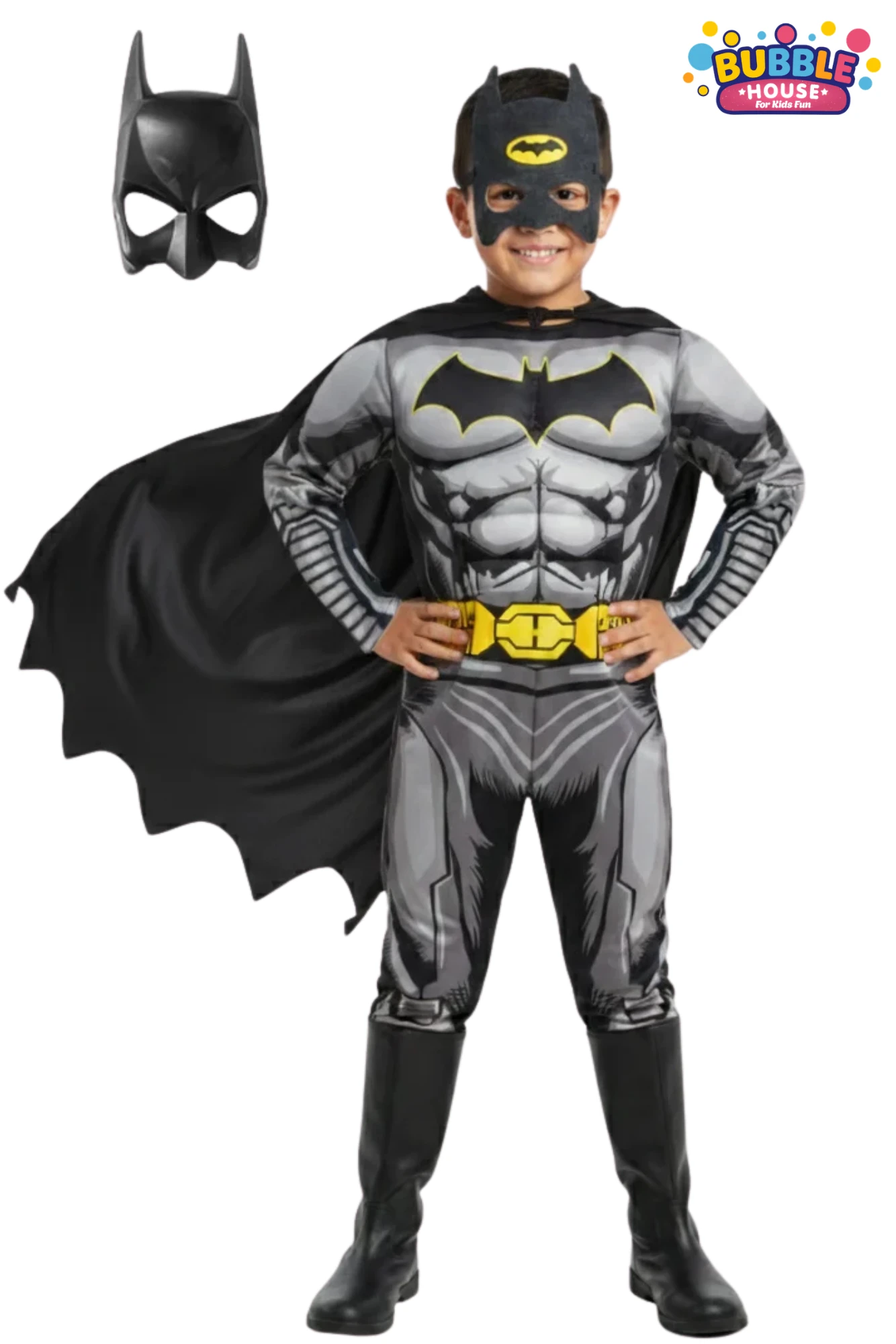 Batman Kaslı Çocuk Kostümü 2 Maskeli Siyah Pelerinli Maskeli Süper kahraman Kaslı Kostümü