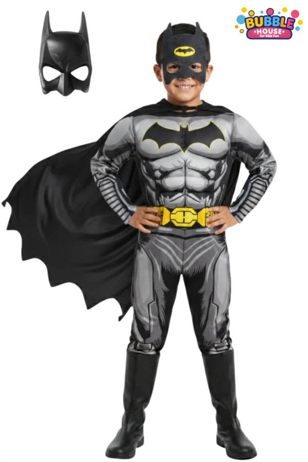Batman Kaslı Çocuk Kostümü 2 Maskeli Siyah Pelerinli Maskeli Süper kahraman Kaslı Kostümü